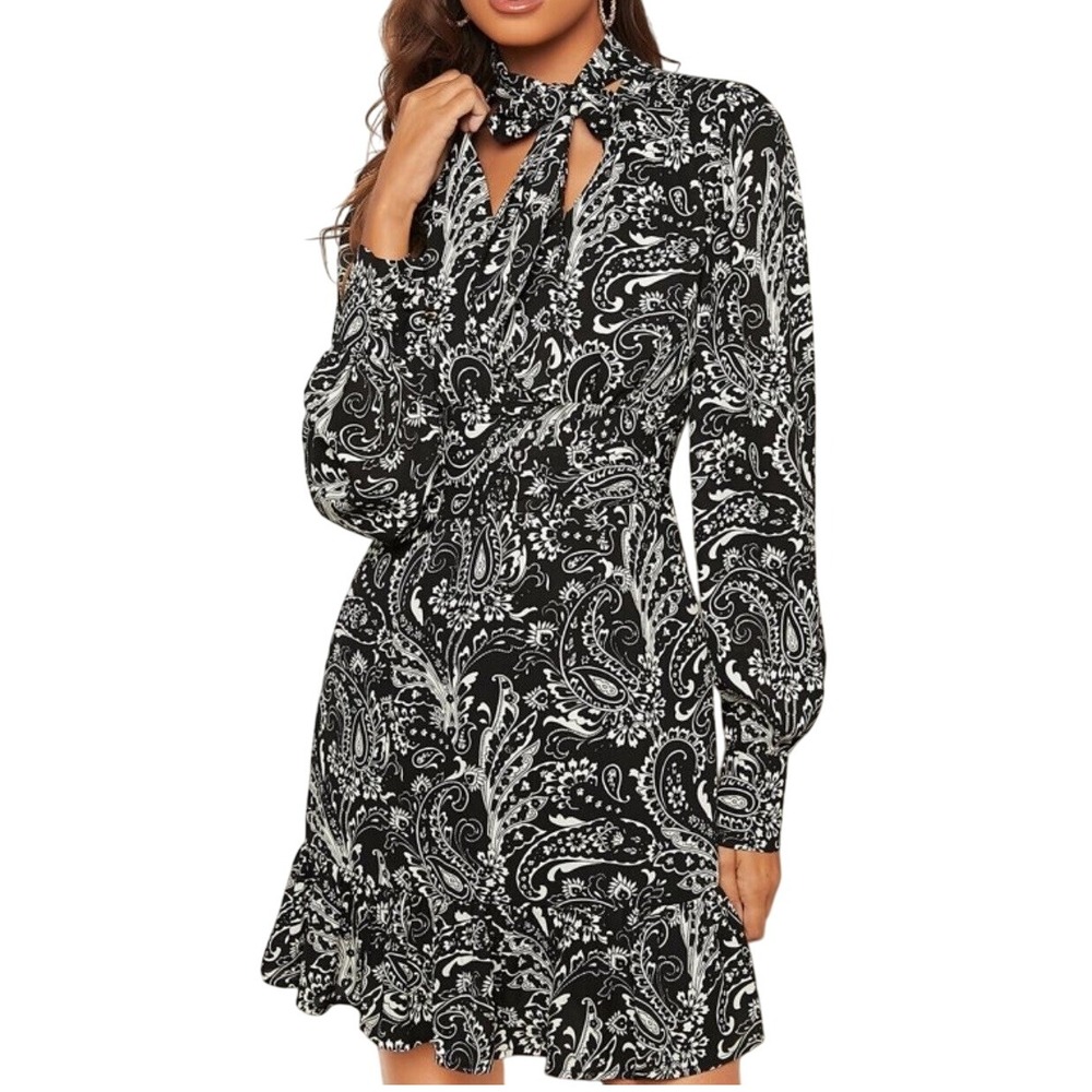 Cleobella Paisley Printβ Romantic Boho Mini Dress Tie Neck Long Sleeve Black XS